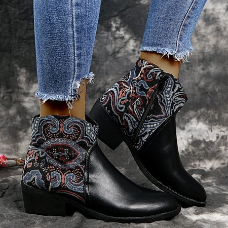 

MIASHUI Short Retro Embroidered Side Round Women s Zipper Toe Boots Single Fashion Boots Mid-heel women s boots Women Sneakers Shoes Wedges Women Shoes Casual