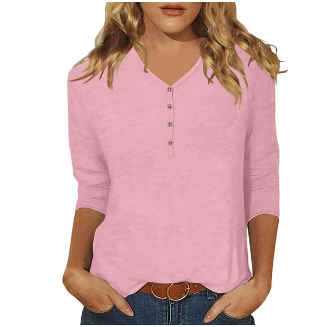 ShomPort Womens Full V-Neck Tops Solid Color 3/4 Sleeve Pullover Regular Office Workout T-Shirt
