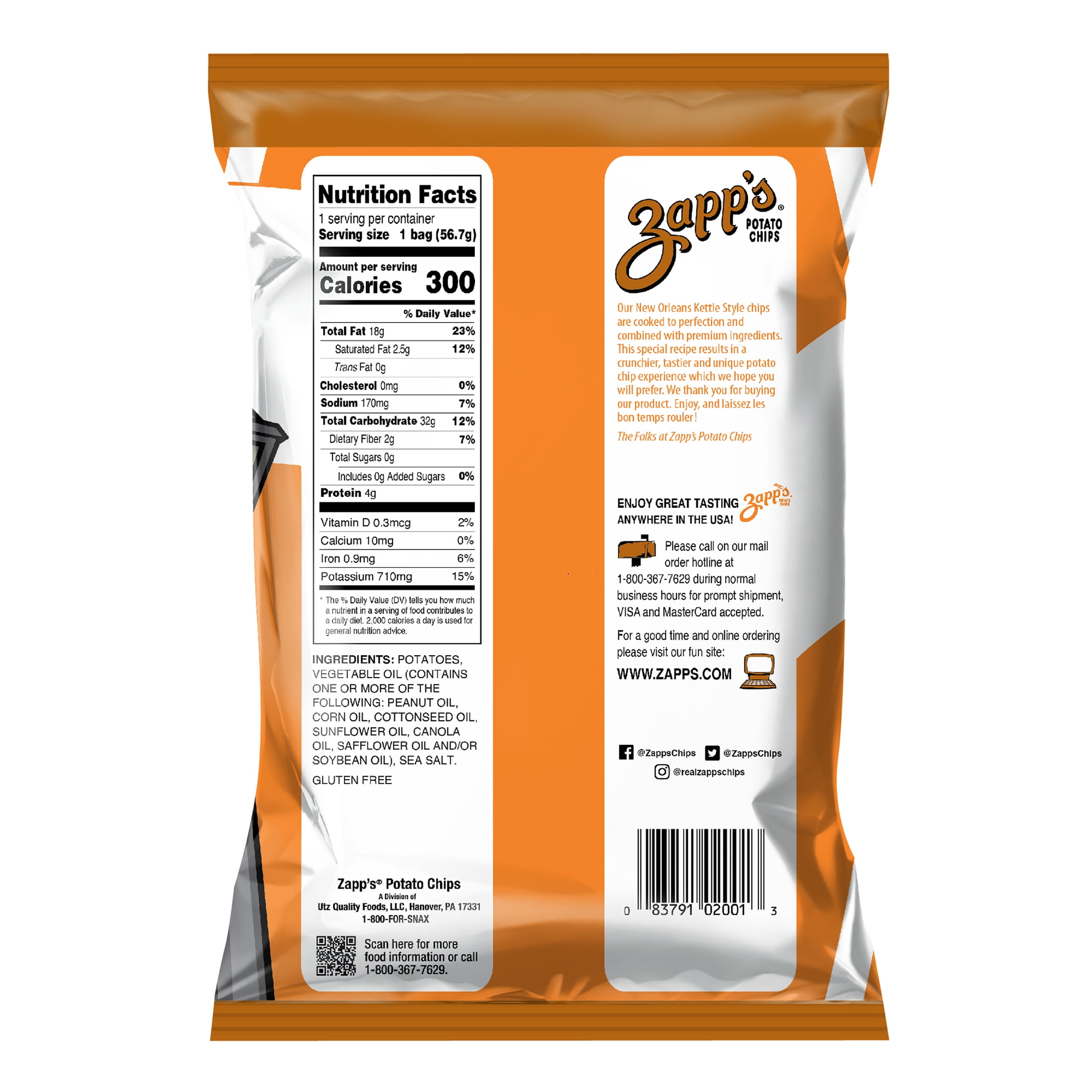 Zapp's Regular Flavor New Orleans Kettle Style Potato Chips, Gluten-Free, 2 oz, 25 Count