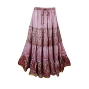 Mogul Womens Maxi Skirt Tiered Pink Printed Sari Bohemian Summer Long Skirts