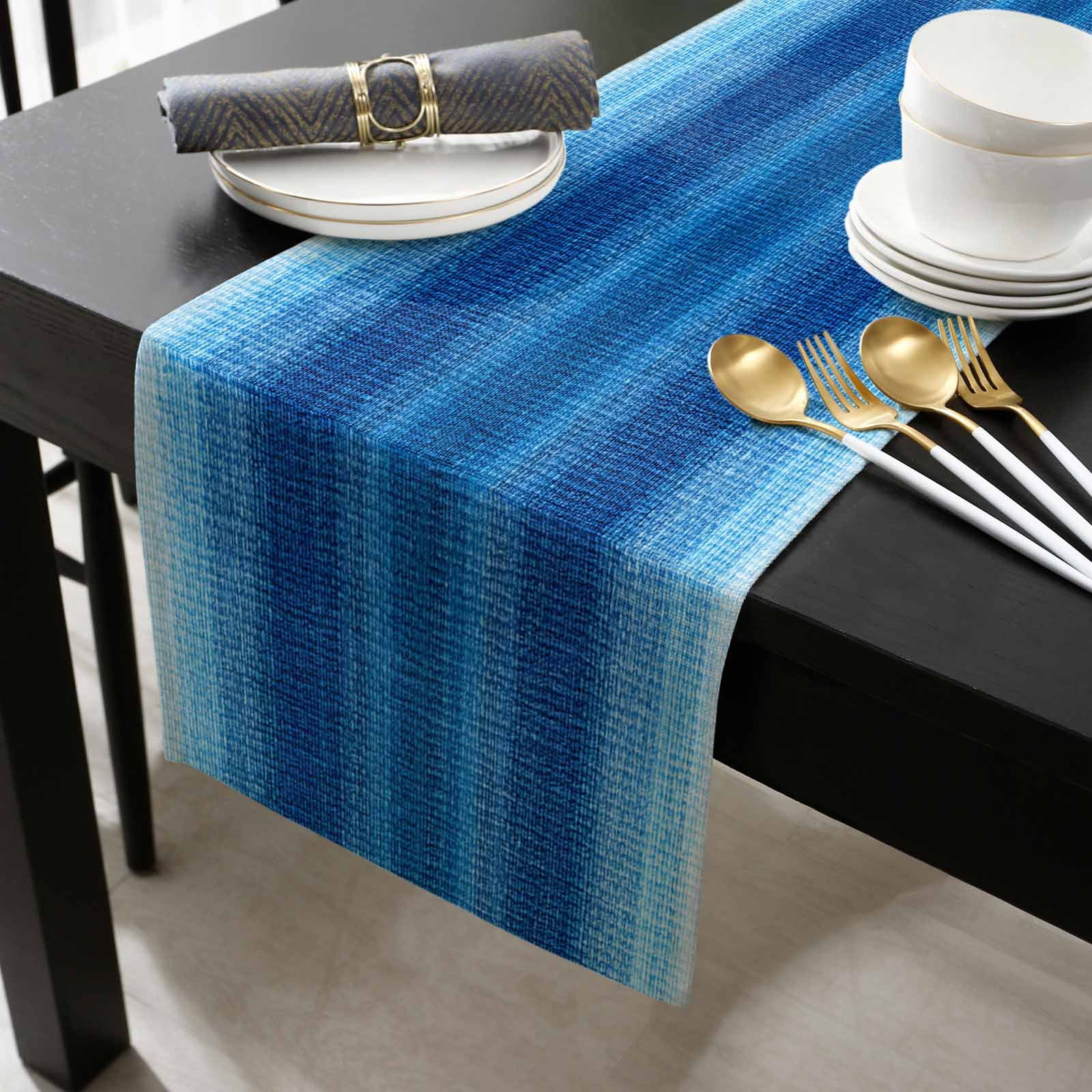 Blue Ombre Stripes Cotton Linen Table Extra Long Runner 13 x 120 inch Modern Gradient Abstract Texture Non-slip Rectangular Dining Table Decor for Wedding Party Holiday Dinner