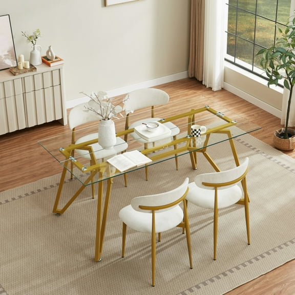70.9-inch rectangular glass suitable 1-8 people, modern style home kitchen table, equipped with sturdy metal table legs,suitable for dining room,living rooms, offices, Gold