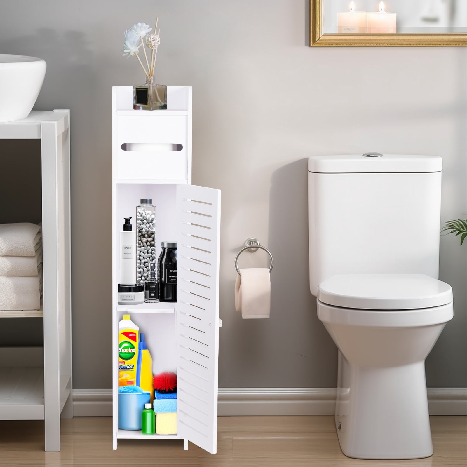 PinkSheep Bathroom Storage Cabinet with Doors and Shelves, Freestanding Toilet Paper Holders Stand Storage Cabinet Organizer Shelf for Small Spaces, White