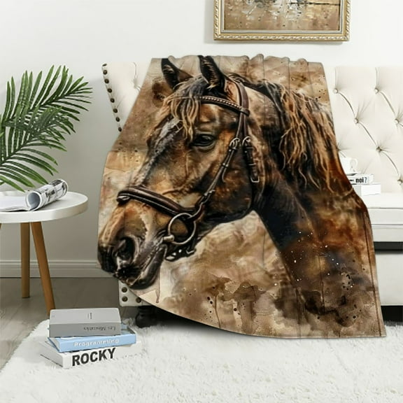 BCIIG Horse Bridle Watercolor Painting Soft Fleece Blanket Lightweight Throw Blanket for All Seasons Living Rooms Sofa Decor Cow Gifts Blanket 40x50in