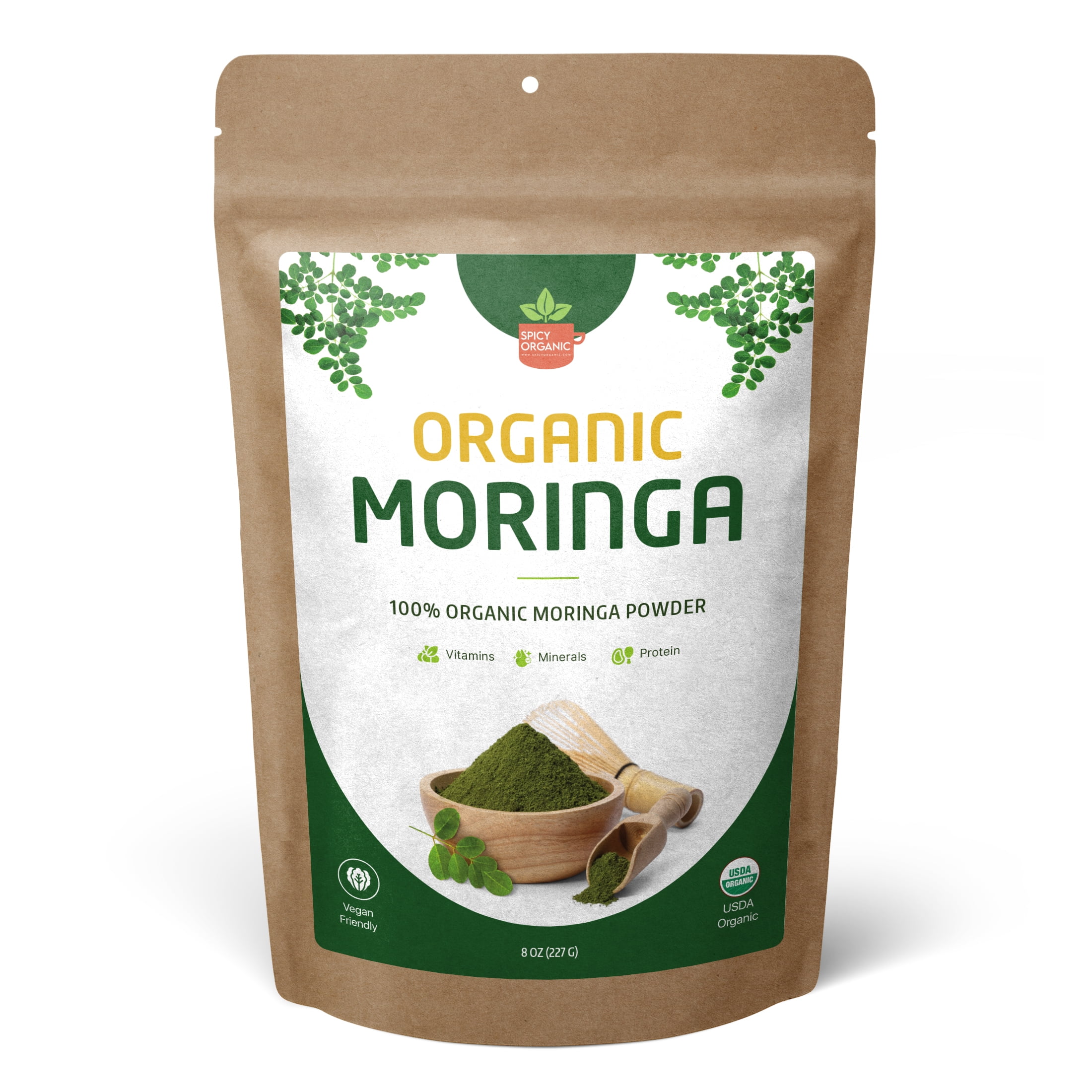 SPICY ORGANIC Moringa Powder (Moringa Oleifera) - 100% USDA Organic- Non- GMO Moringa Leaves Powder. Perfect for Use in Smoothies, Oatmeal, Tea, and a Myriad of Other Culinary Creations - 8 Oz