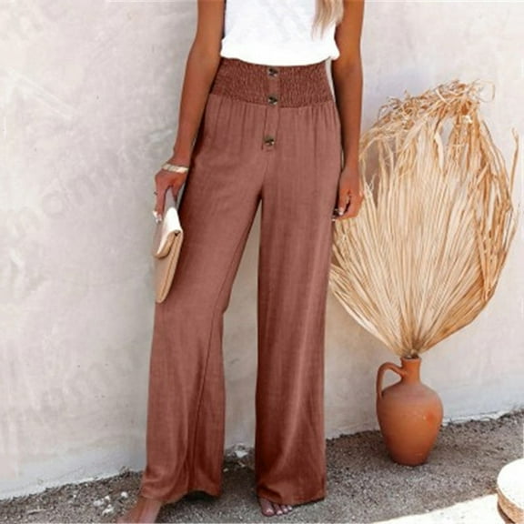 ClodeEU Women's High Waist Button Down Linen Wide Leg Pants,Casual Comfy Lounge Pants Brown,Womens Plus L
