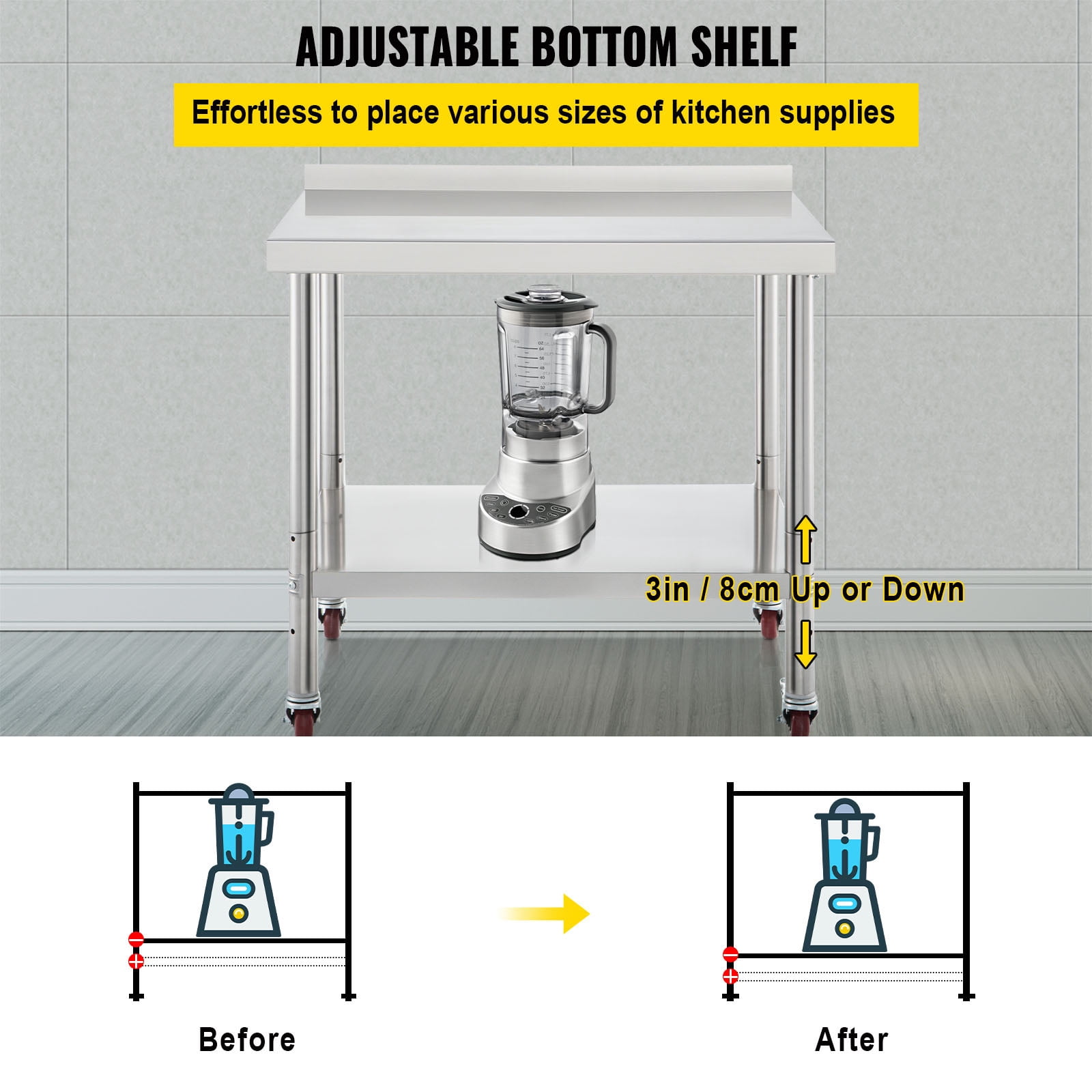 KFFKFF Stainless Steel Adjustable Undershelf and Casters Prep Table, Silver