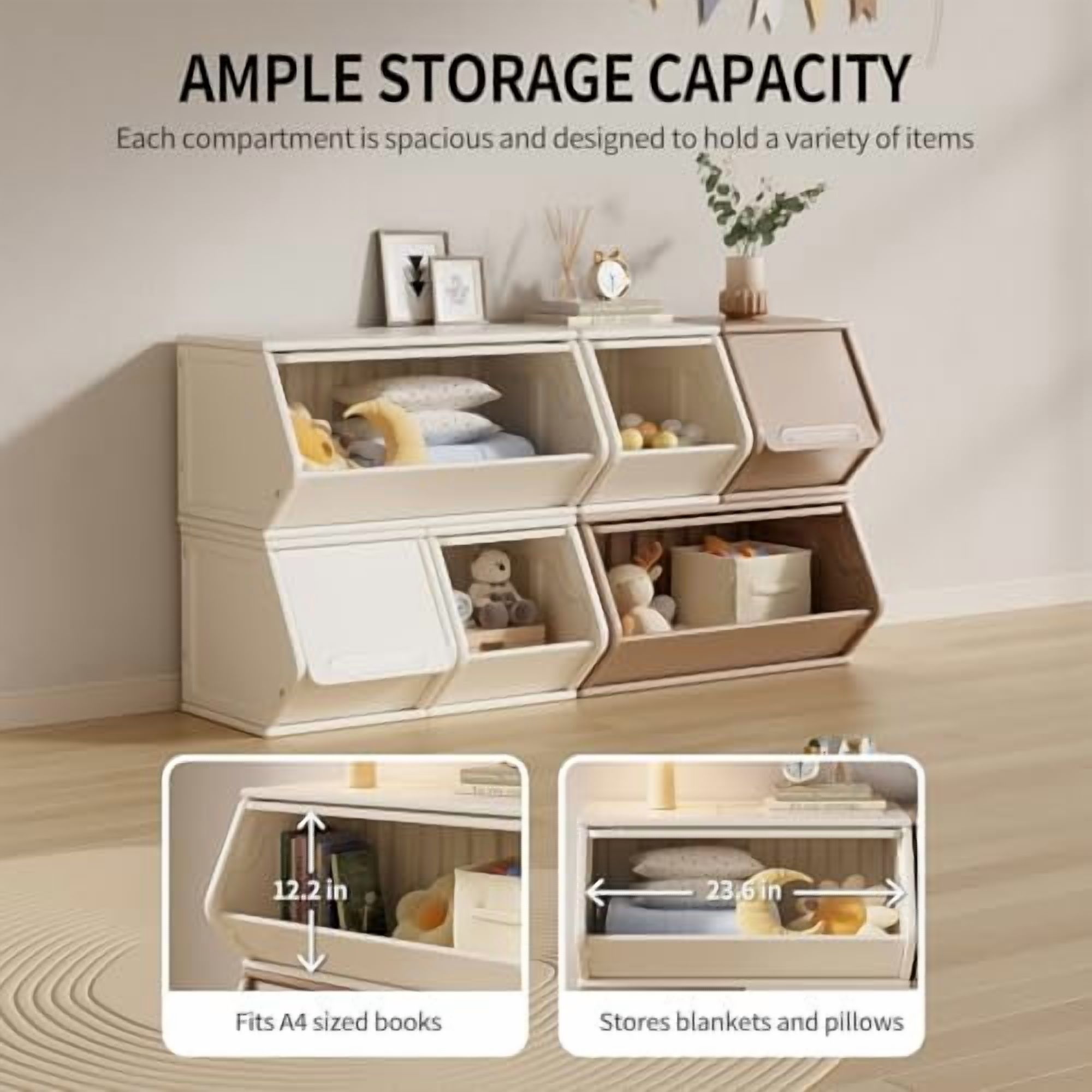 UNICOO® 2+4 Free Combination Stackable Plastic Storage Cabinet w/Dust Proof Cube Containers, Customizable, Lightweight Organizer for Home, Office, School, Dorm (2+4 Coffee & Cream)