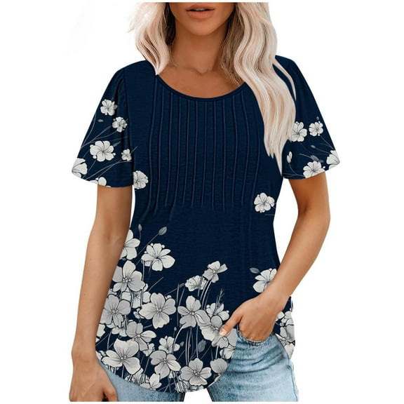 ibuvkizy Womens Tops Short Sleeve Shirts for Women,Fashionable Women's Casual Short Sleeved Loose Round Neck Printed Top,Plus Size Blouses Shirts,Summer Casual Graphic Tees