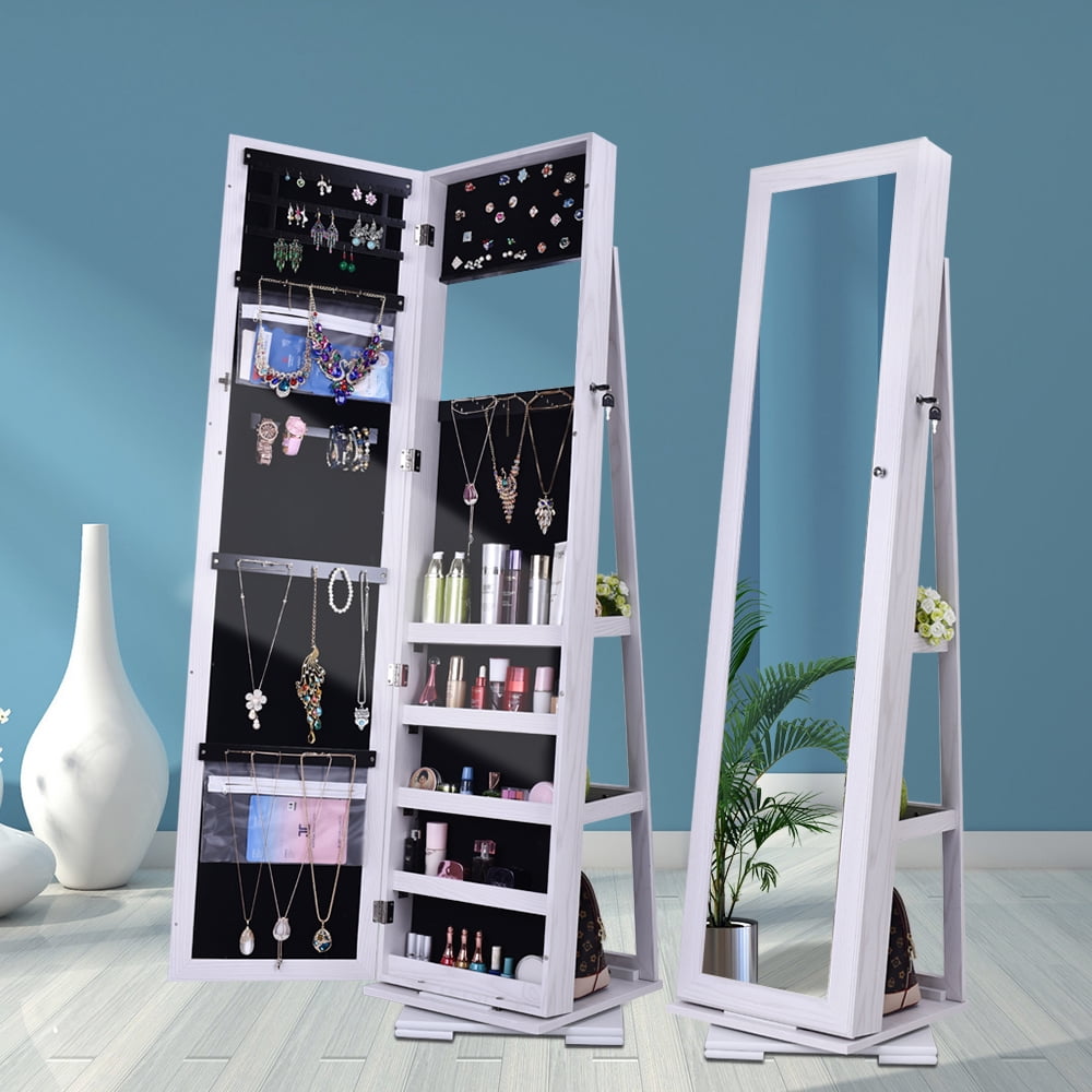 Kepooman 360 Degree Rotation Jewelry Mirror Armoire Organizer, Full-Length Body Dressing Mirror Jewelry Cabinet, White Kepooman 360 Degree Rotation Jewelry Mirror Armoire Organizer, Full-Length Body Dressing Mirror Jewelry Cabinet, White