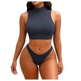 thumbnail image 2 of Trajes de baño para mujer, Trajes de baño para mujer, Traje de baño bikini de tirantes sin espalda de color liso para mujer, Conjunto de bikini con bloques de color y hombros descubiertos, Traje de ba, 2 of 7