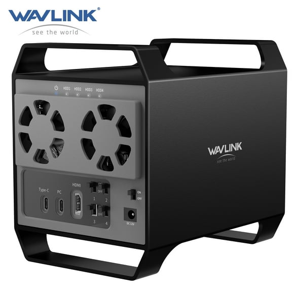 WAVLINK 4-Bay Hard Drive Enclosure for 3.5" and 2.5'' SATA HDD/SSD Featuring 10Gbps USB-C 3.2, 88TB Capacity, Built-in Temp-Controlled Cooling Fans, HDMI 4K Video Output, Aluminum Alloy Shell