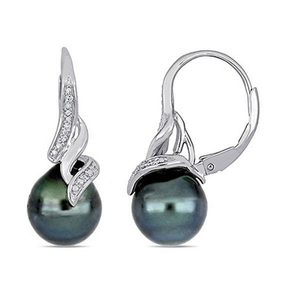 Miabella 9 - 9.5 MM Black Tahitian Pearl and Diamond Twist Leverback Drop Earrings in Sterling Silver