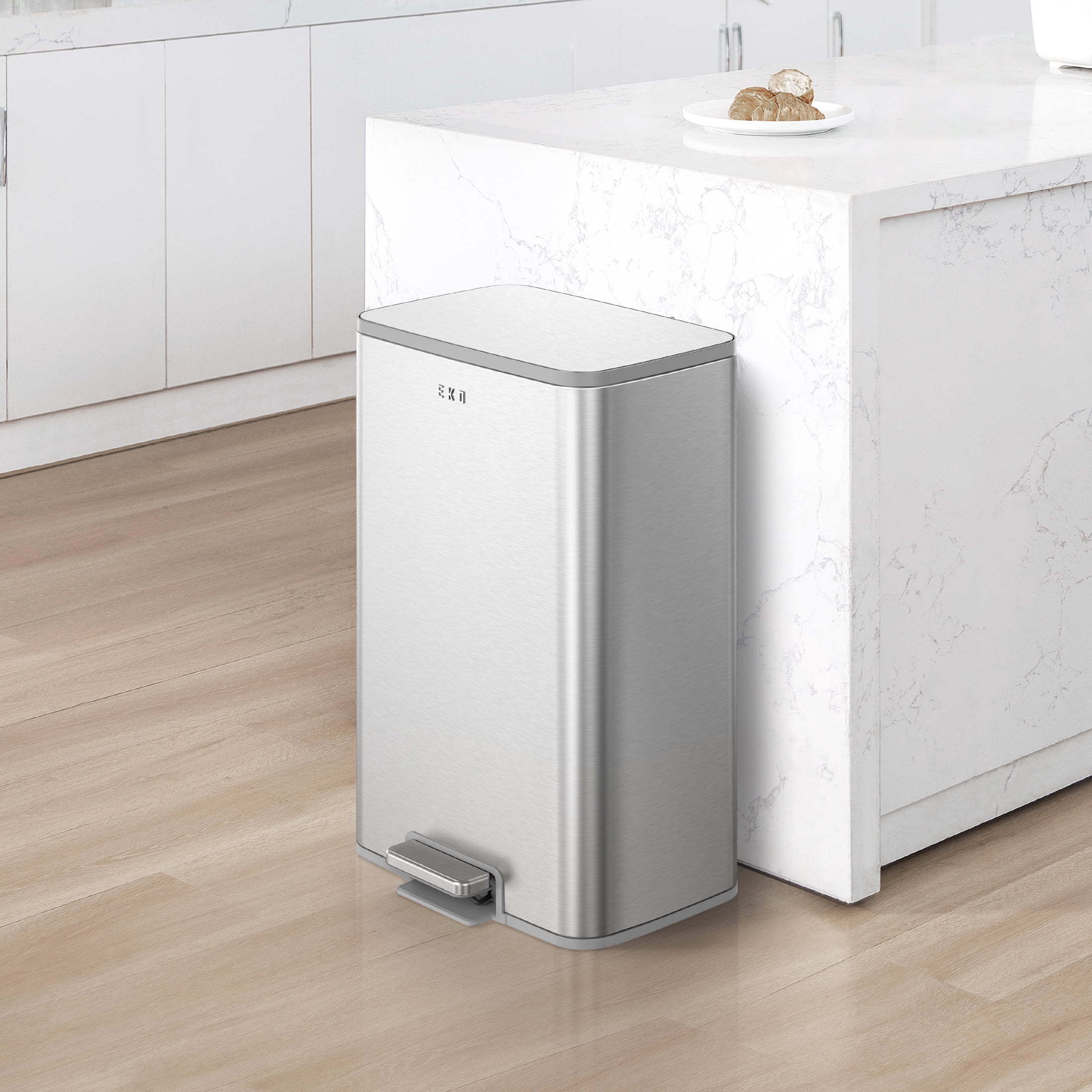 EKO Marina Kitchen Trash Can, 13.2 Gallon Stainless Steel Step Garbage Bin with Soft Close Lid, Matte Silver with Sample Trash Bags Included