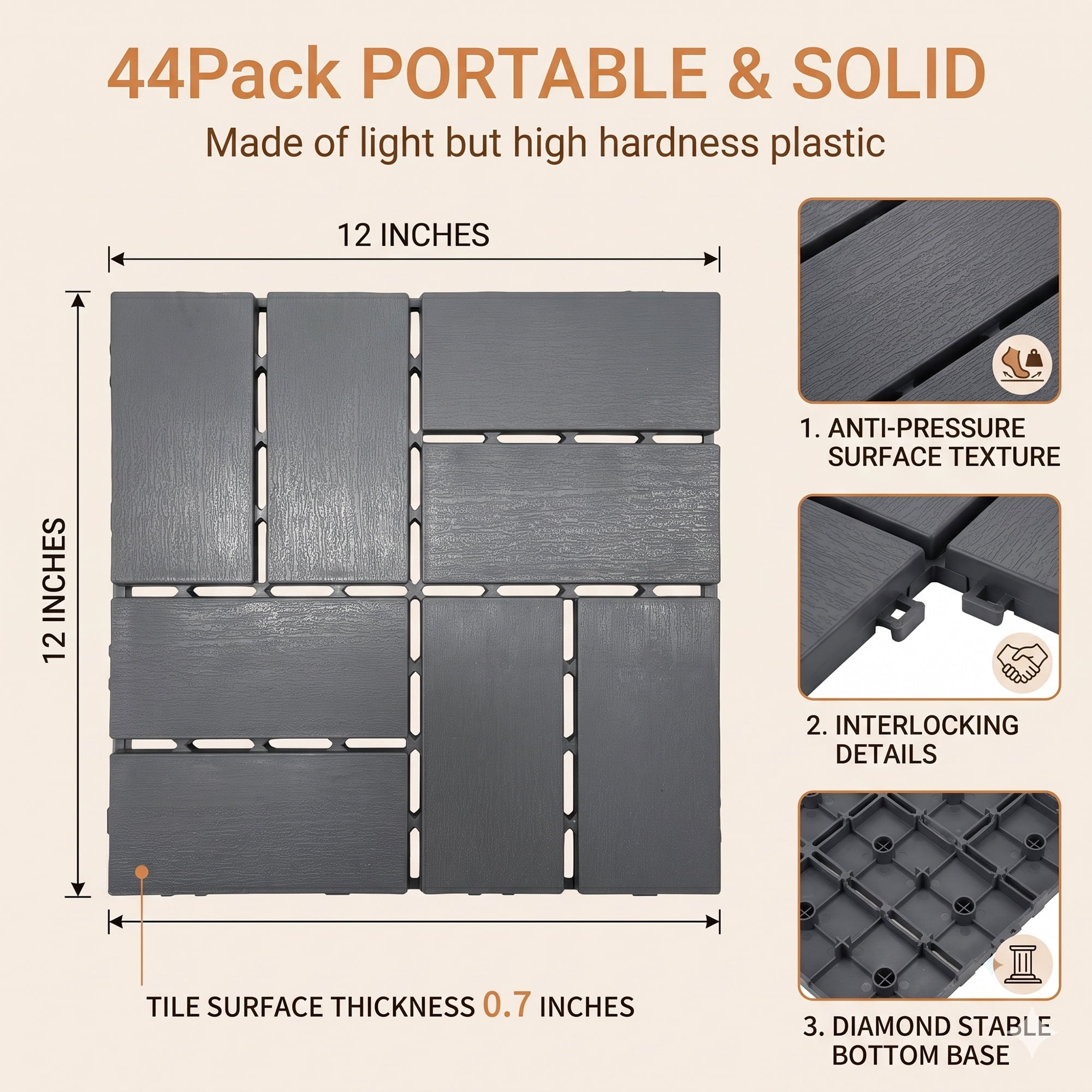 Plastic Interlocking Deck Tiles, 44 Pack 12"x12" Waterproof Non-Slip Outdoor Patio Flooring, All Weather Drainable Snap Together Decking Tiles for Poolside, Porch, Garden, Backyard & Shed Floor