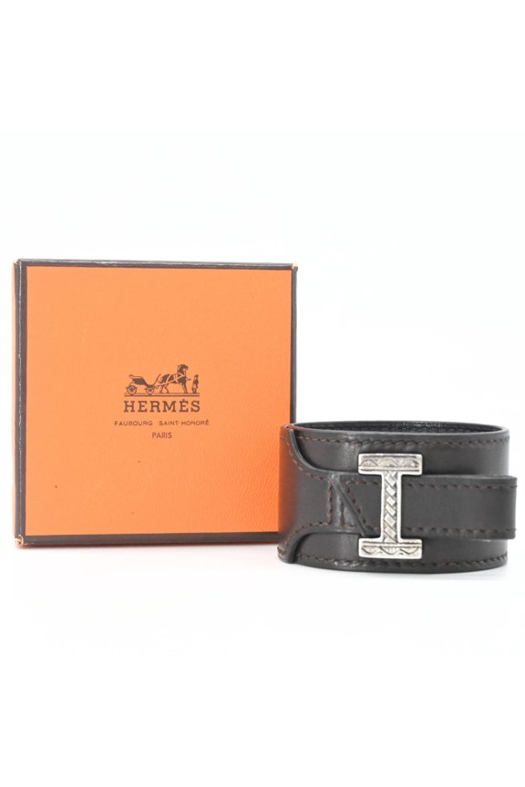 Pre-Owned HERMES Touareg Artemis H Bracelet Bangle, Silver SV925, Leather, Dark Brown