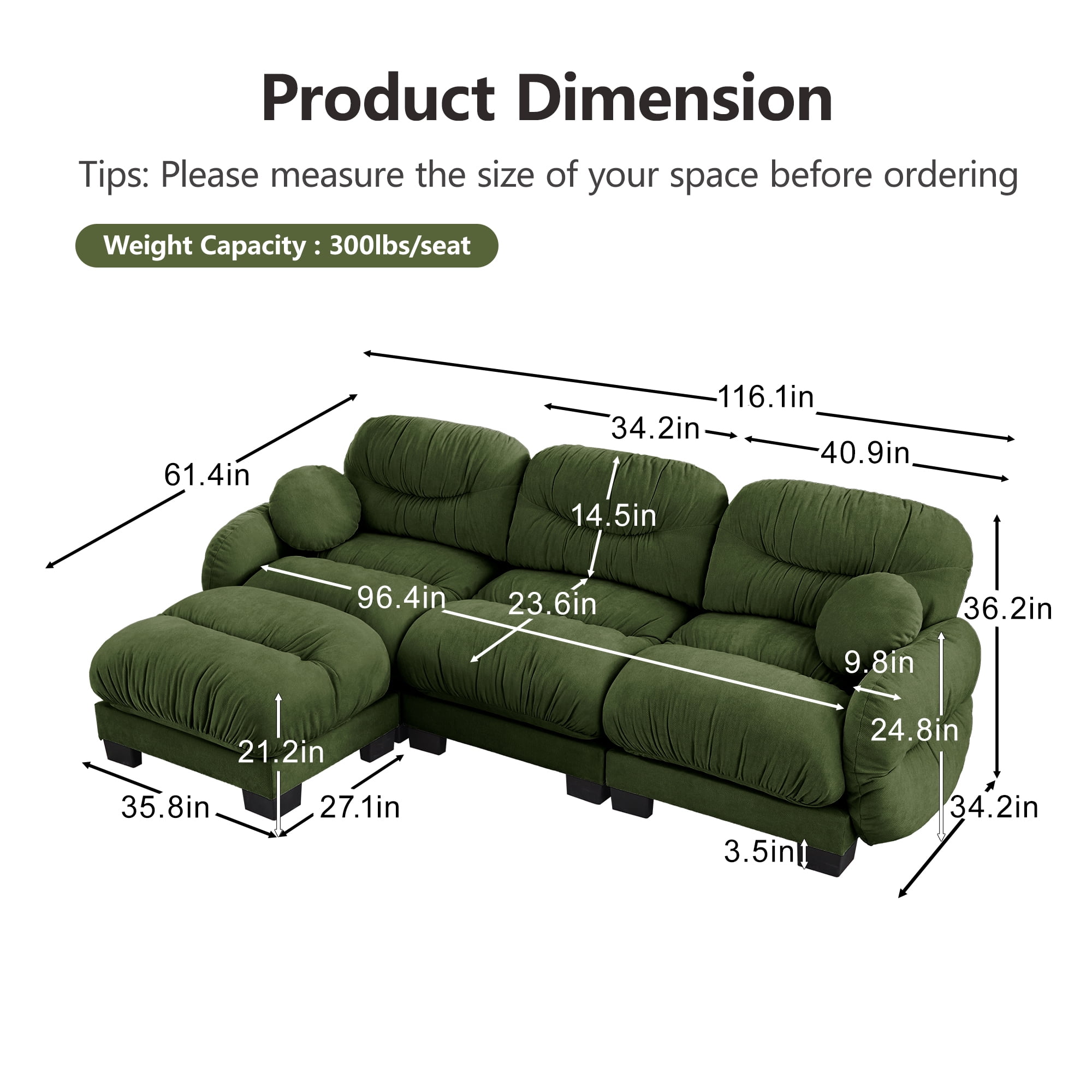 116" 3 Seater Sectional Couch Cozy Chenille Modular Sofa with Ottoman and 2 Throw Pillows