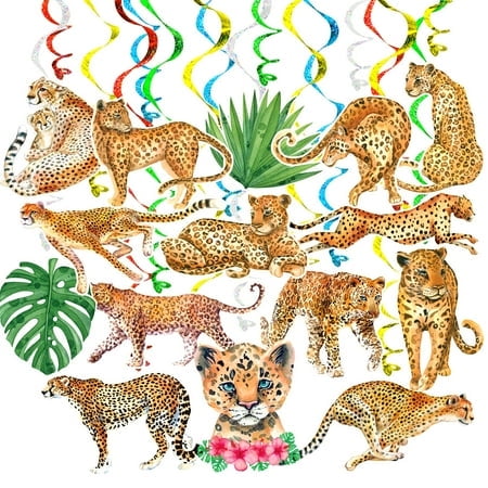 Guirlandes Suspendues Léopard Guépard 30 Pack Safari Jungle Animaux Sauvages Guirlandes Suspendues en Aluminium Décorations pour Fête d'Anniversaire d'Enfants Fournitures pour Baby Shower Célébration Décoration Murale de Chambre