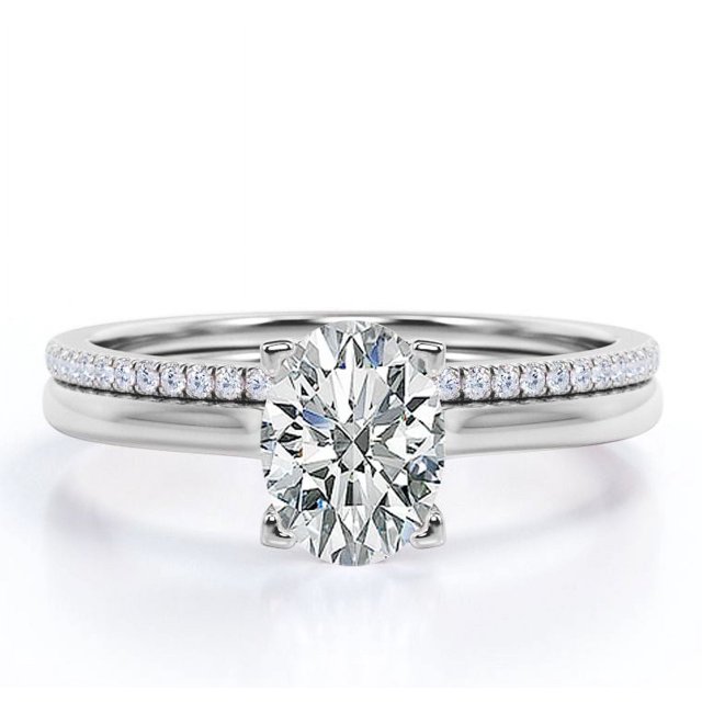 JeenMata Juego de Anillos de Boda de Corte Ovalado de 1,75 Quilates, con Acentuación Pavé, con Puntas, Chapado en Oro Blanco de 18 K sobre Plata (Personaliza la Banda de Tu Anillo de Boda)
