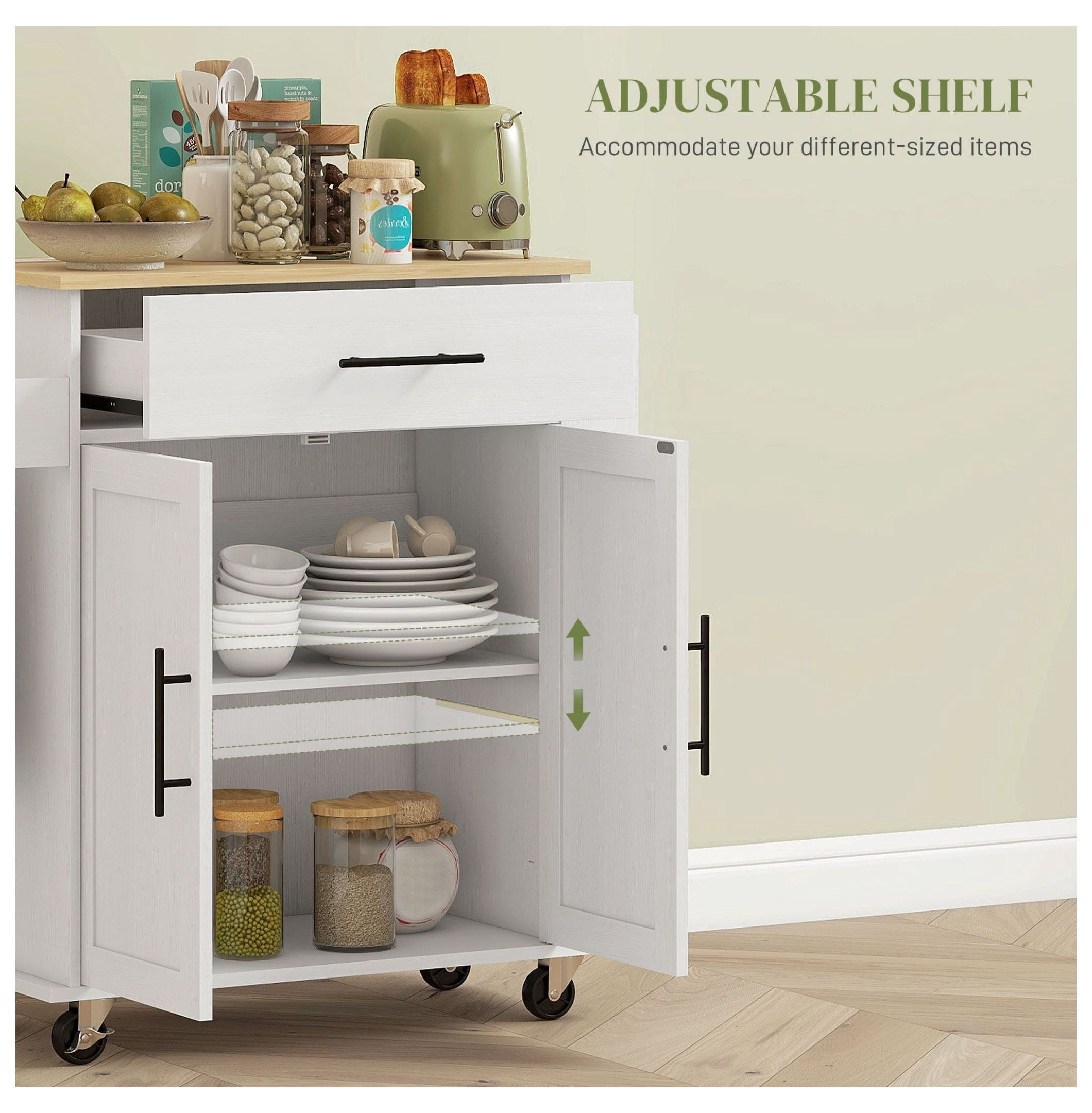 Rollable Kitchen Island with Power Outlets, Drawer, Doors & Versatile Storage on Wheels, White