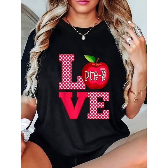 Love Pre-K Cute Preschool Teacher Gift T-Shirt - Casual Short Sleeve Round Neck Top, Teacher Shirts, ShirtGift, Unisex, Hot Selling Items, Soft, Breathable