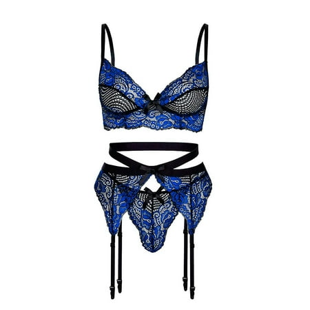 

wofedyo Women Embroidery Lace Bra Lingerie With Garter +Thong Set Underwear Sexy Underwear For Women Blue M