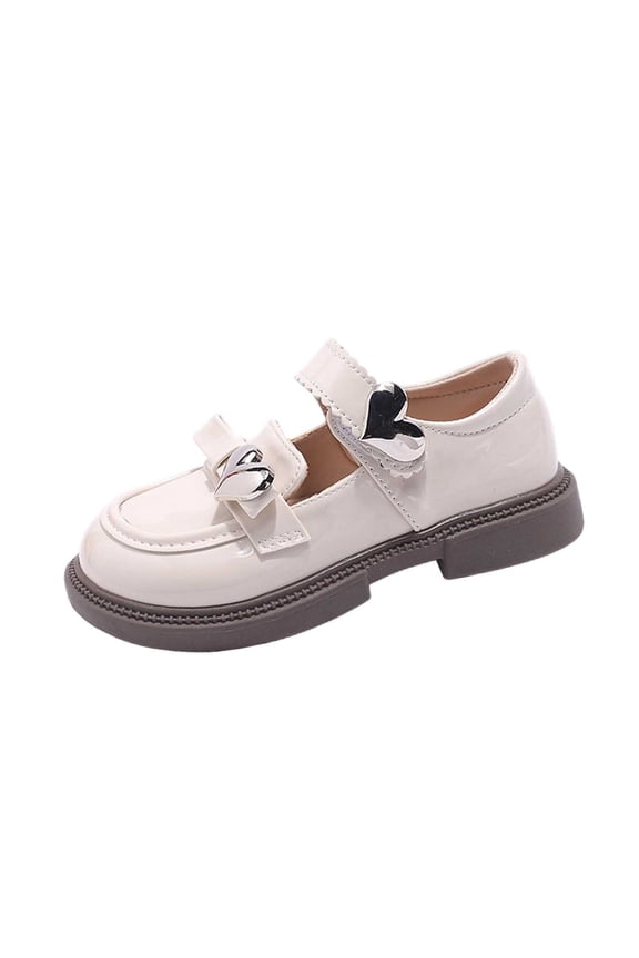 Girls Mary Jane Loafers Kids Casual Dress Shoes Metallic Heart Buckle Scalloped Trim Strap Front Bow Accent Round Toe Thick Non Slip Platform Sole School Daily Outdoor Wear Flats(5.5-6 Years)