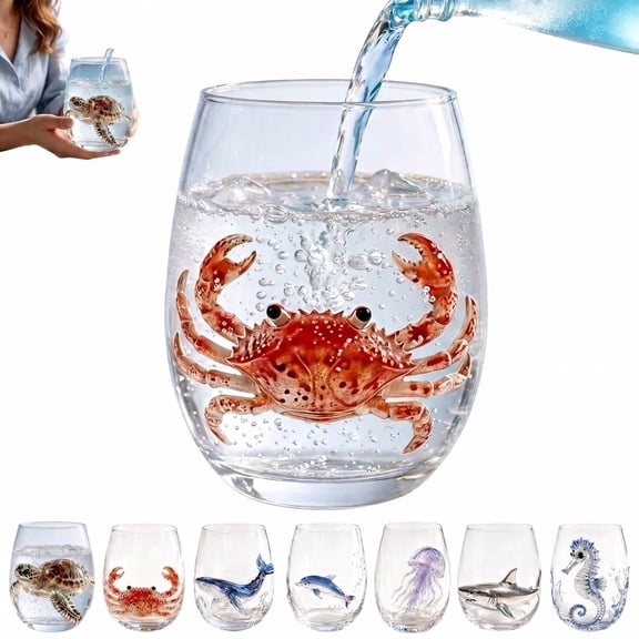 Artisanal Blue Ringed Octopus Glassware, Octopuses Stemless Wine Glasses, Ocean Themed Drinking Glasses, Coastal Home Decor Gift for Ocean Lovers (Crab)