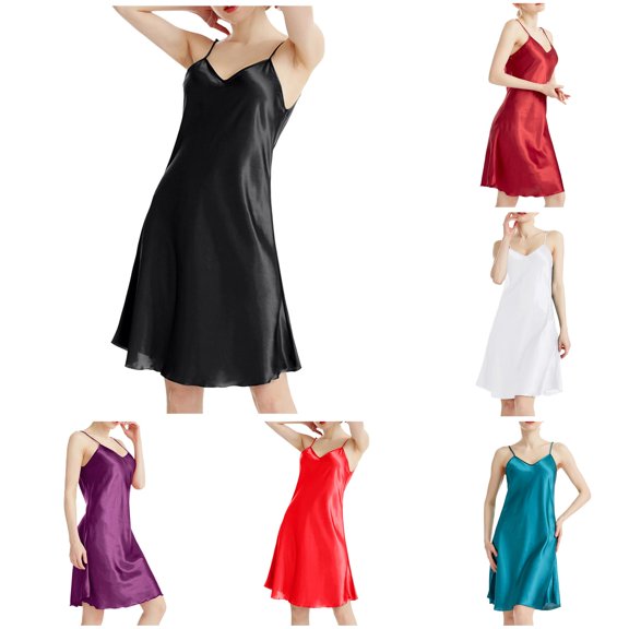 XIAONU Women's Nightgown V Neck Spaghetti Strap Satin Midi Sleepwear Dress