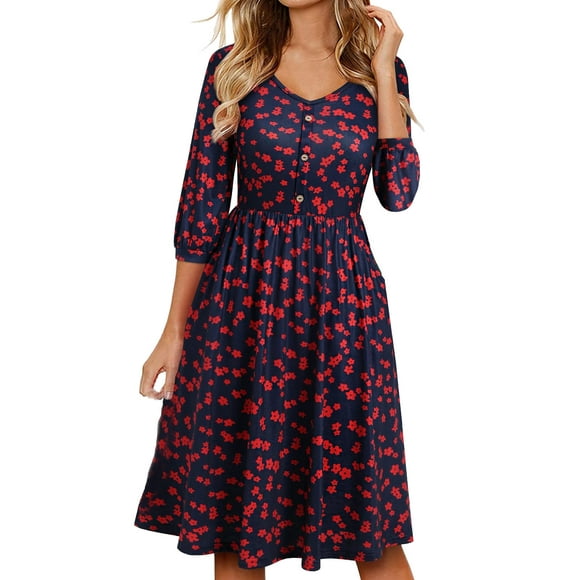 Elegant Dresses for Women V Neck Half Sleeve Floral Print Work Dress Button Casual A Line Swing Midi Dress with Pockets