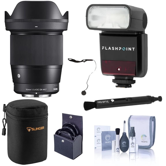 Sigma 16mm f/1.4 DC DN Contemporary Lens for Sony E, Bundle with Mini R2 Speedlight, Lens Case, 82mm Filter Kit, Lens Cleaner, Cap Keeper and Cleaning Kit