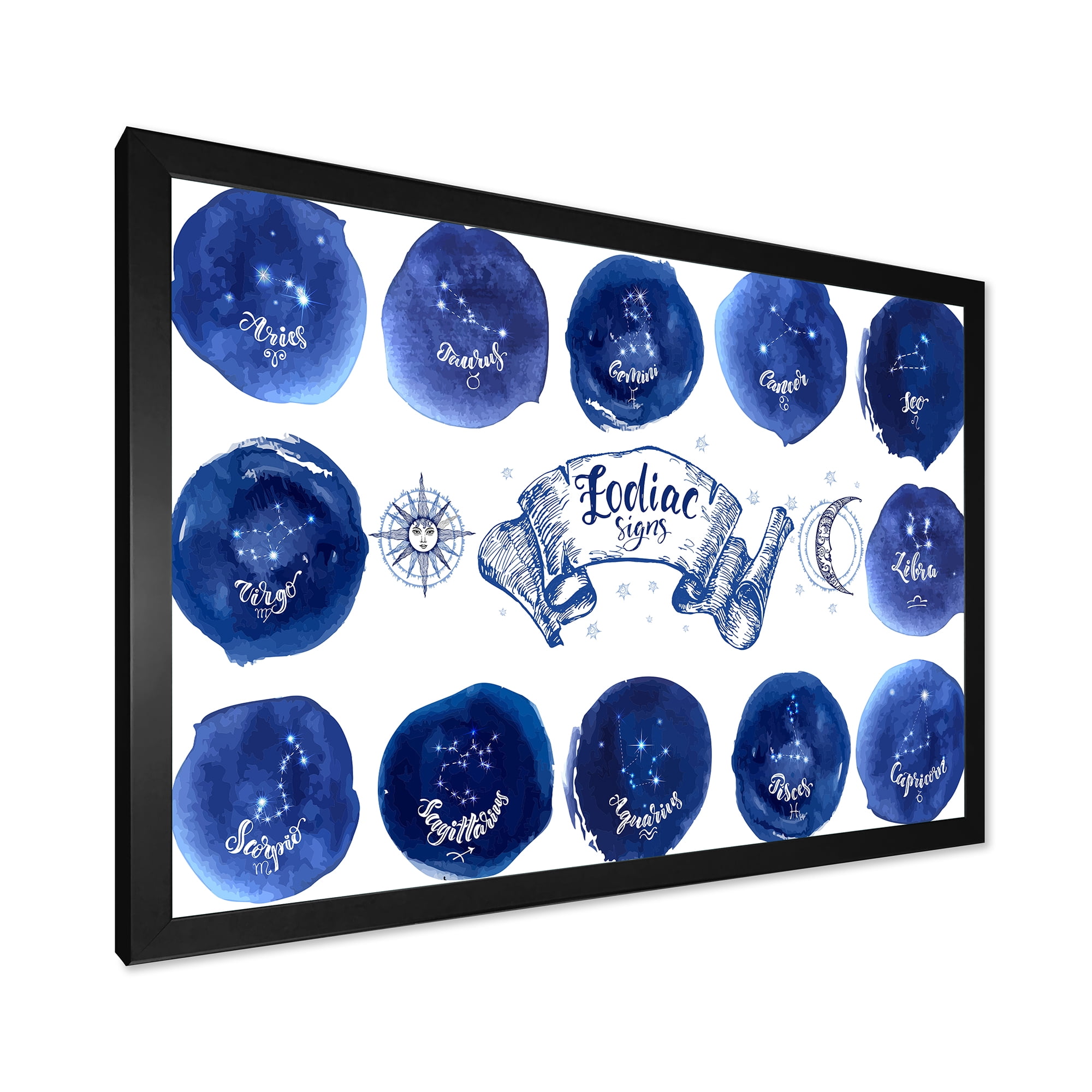 Designart 'Collection of Astrology Signs On Blue Circles' Modern Framed Art Print