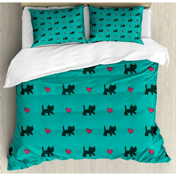Ambesonne Teal Duvet Cover Set, Kittens Pink Hearts, Queen, Teal Pink Dark Blue
