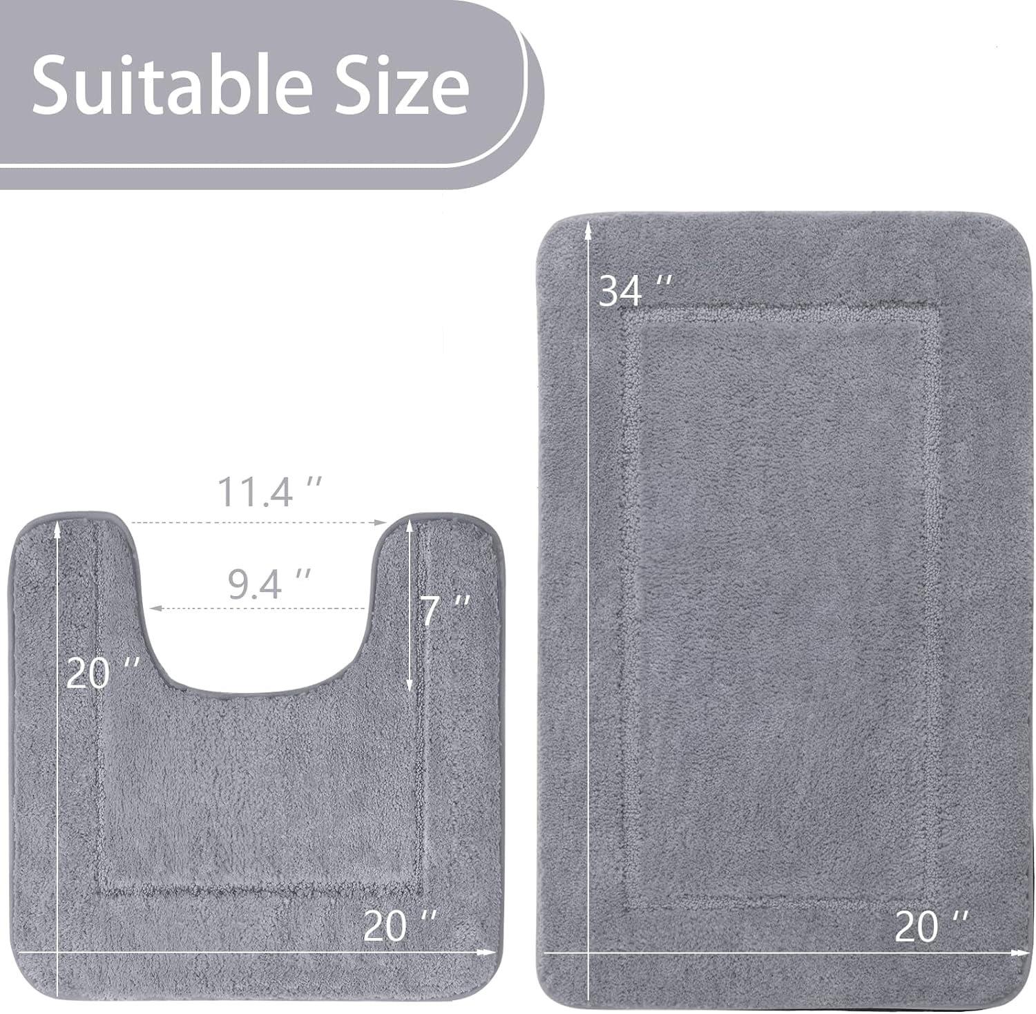 Homore Bathroom Rugs Sets, Luxury Bath Mat Set Anti-Slip Bath Rug and U-Shaped Toilet Mat Gray