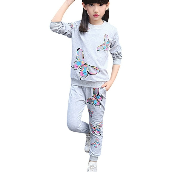 Mercatoo Toddler Girls Fall Winter Clothes Set Butterfly Print Sweatshirt Tops Pocket Pants Trousers Kids Girls Outfits