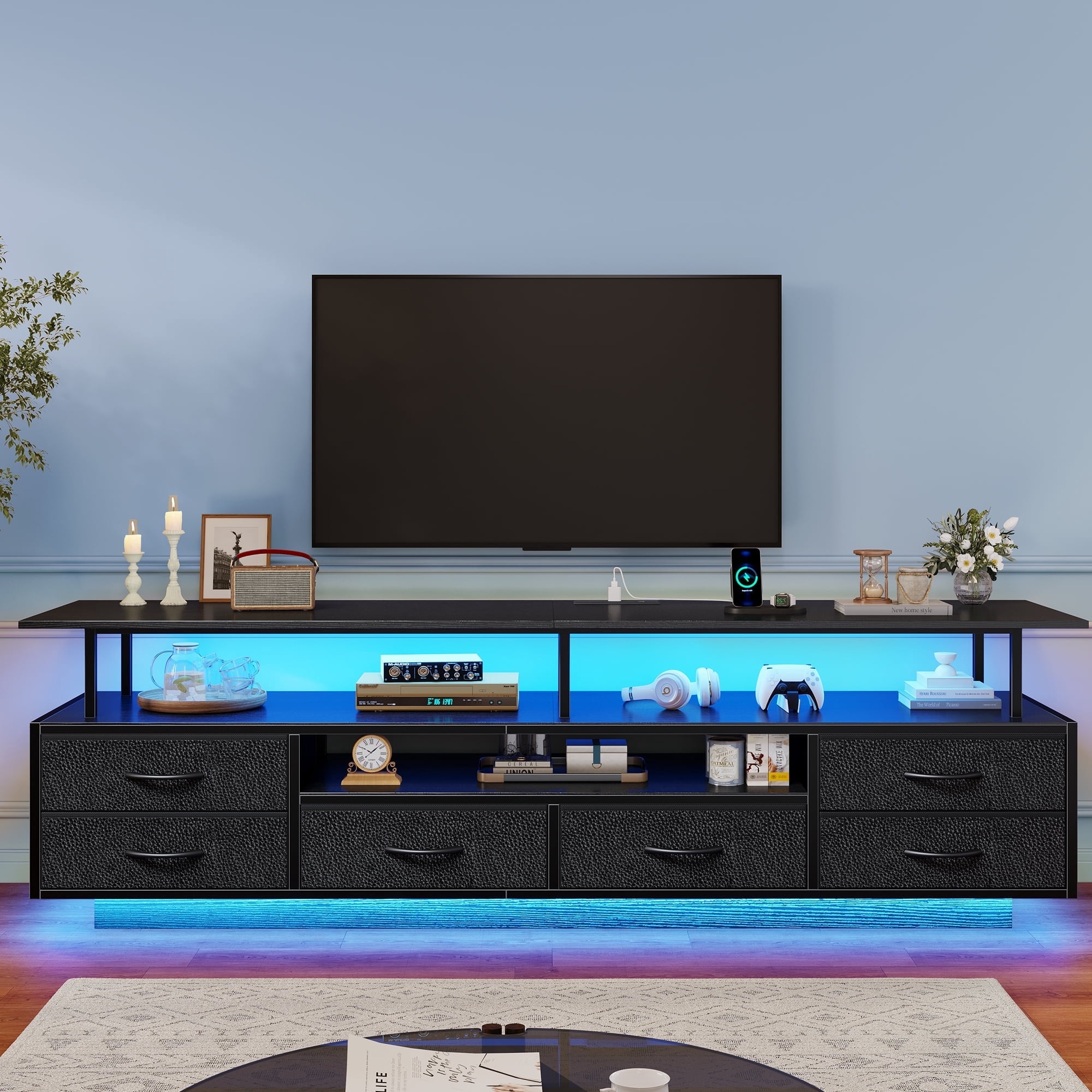 TV Stand with Drawer-6 PU Fabric Drawer- Entertainment Center and Industrial TV Console Table with Open Storage Shelves / LED Lights/ Power Outlets,Black TV Stand for 65 70 Inches TV