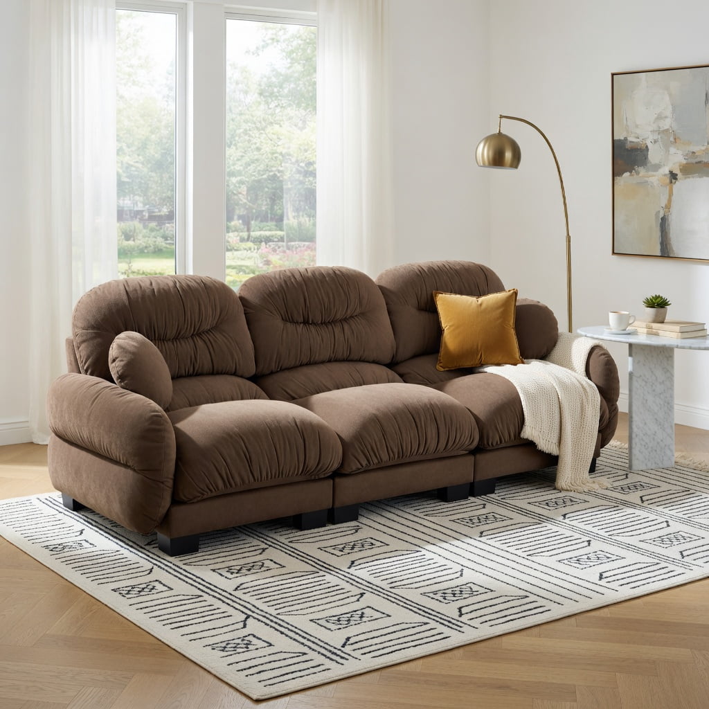 Hommoo Chenille 3-Seater Modular Sofa with Pleated Back Design, Ergonomic High-Density Foam Cushions & Curved Armrests, Includes 2 Round Throw Pillows, Brown