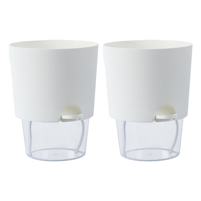 Maceta con orificios de drenaje y puerto de llenado de agua. Maceta hidropónica de riego automático con base transparente.