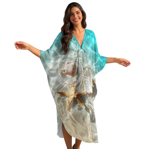 Xoenoiee Beach Starfish Seashell Print Kaftan Dresses for Women V Neck Summer Swimsuit Cover up Batwing Sleeve Caftan Maxi Beach Dresses Boho Moomoo Dresses