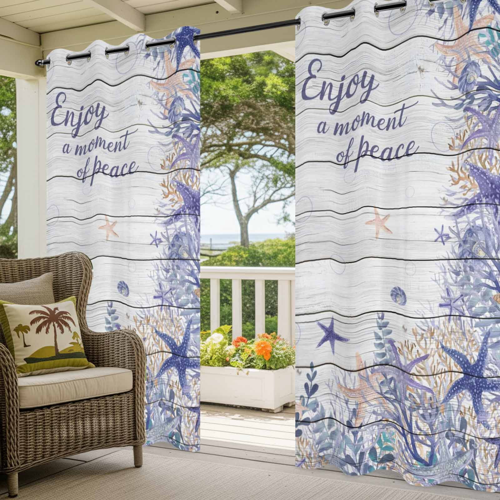 Purple Ocean Outdoor Curtains for Patio, Enjoy A Moment of Peace Beach Starfish Shell Wood Grain Sunshade Privacy Drapes Grommet Waterproof Outside Curtains for Porch Balcony 54"x 108", 1 Panel