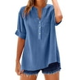 thumbnail image 4 of Fmbrln Womens Summer Linen 3/4 Sleeve Tops Fashion Casual V Neck Button Solid Color Shirts Comfy Loose Blouse with Pockets Blue XL, 4 of 5