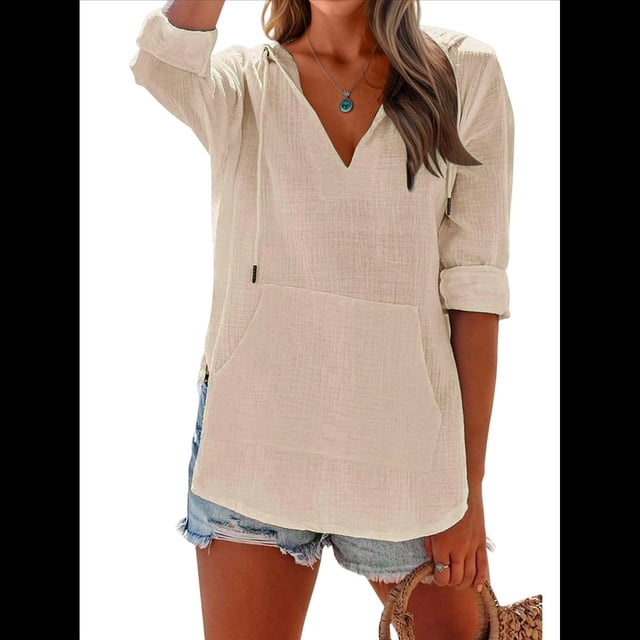 Sudadera con Capucha para Mujer, de Larga, Cuello en V y Bolsillos, para Playa Albaricoque XL