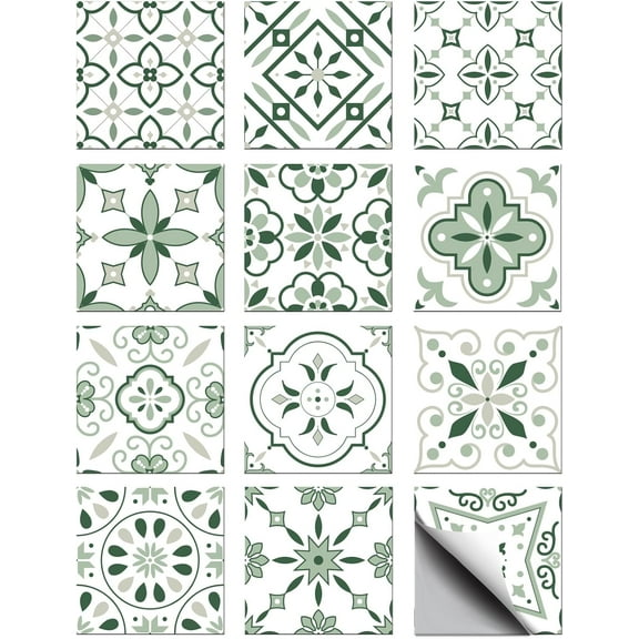 36 Pcs 12 Styles Gray-Green Sticker Geometric Pattern Peel and Stick Wall Tile Moroccan Waterproof Self Adhesive Stick on Tile Decals for Kitchen Bathroom Decor with Scraper 4×4 Inch