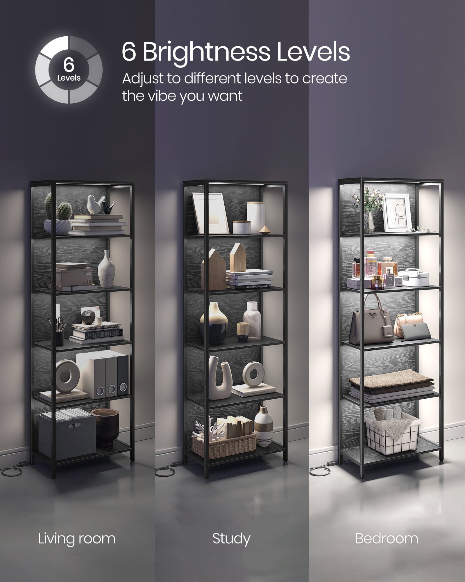 6-Tier LED Bookshelf, Display Shelf with Dimmable Lights, LED Bookcase with Steel Frame, 11.9 x 23.6 x 70.3 Inches, Black with Wood Grain