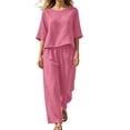 thumbnail image 2 of Cagogo Women's 2 Piece Set Casual Summer Vacation Outfits Loose Round Neck Short Sleeve Tops Wide Leg Pants Matching Lounge Sets Tracksuits Travel Airport Clothes Boho, Pink S, 2 of 6
