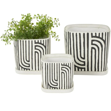 DecMode 7 6 5 H Arched Patterned Black Ceramic Geometric Planter with Attached Saucer (3 Count)
