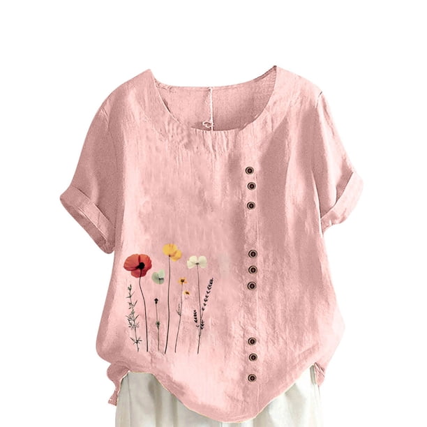 Camisetas de Manga Corta para las Mujeres Impreso Botón de Manga Corta Camiseta Blusa Poliéster, Ropa Casual Mirar Superior para las Mujeres