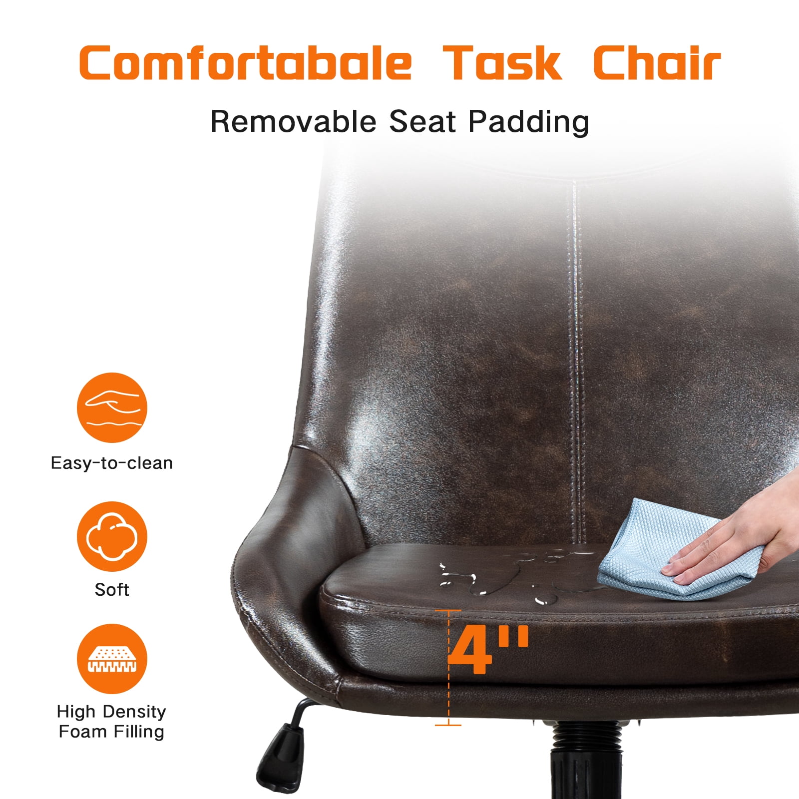 Faux Leather Home Office Task Chair, Armless Office Chair With Wheels, Swivel Adjustable Seat Height Desk Chair with Rocking Function for Living Room or Study, Black Brown