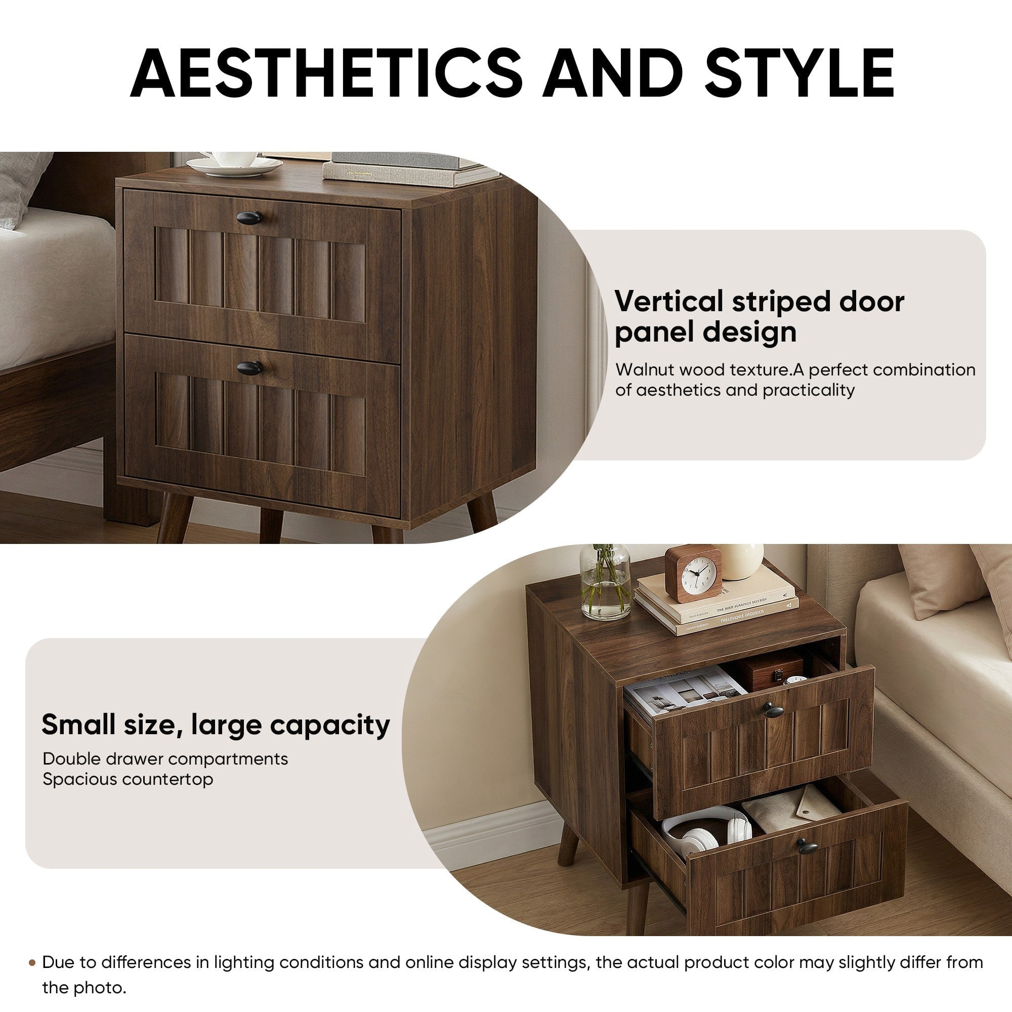 Sailvan Mid-Century Modern Double-Drawer Bedside Table 2-Pack, Walnut with Solid Wood Legs