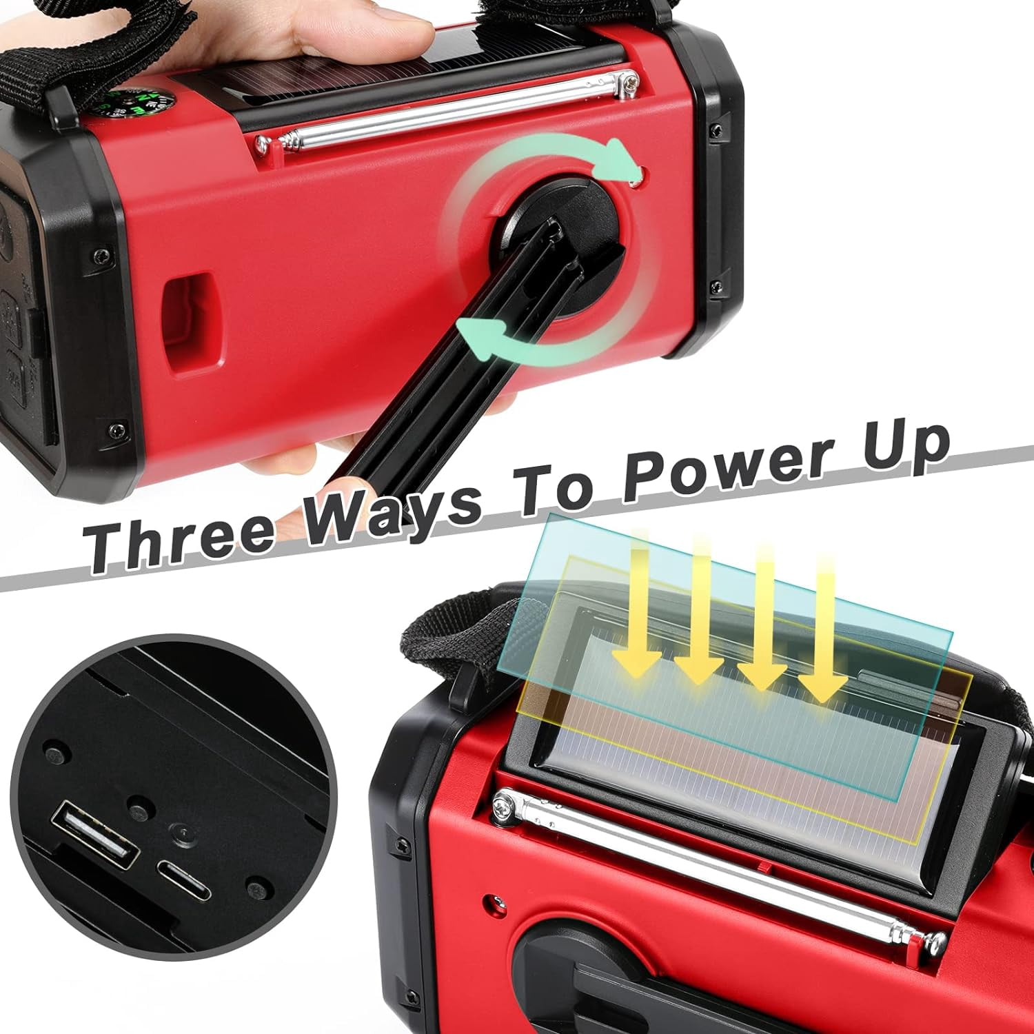 Hand Crank Emergency Radio,  Weather Radio with  Solar Radio,10000mAh Rechargeable Battery Powered, USB-C Charger, Flashlight, SOS Alarm, for Storm, Hurricanes Outdoor Survival Emergencies